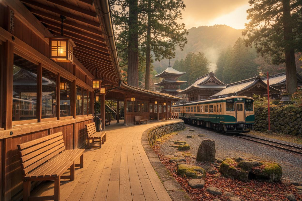 高野山駅の杉木立と伝統的な駅舎