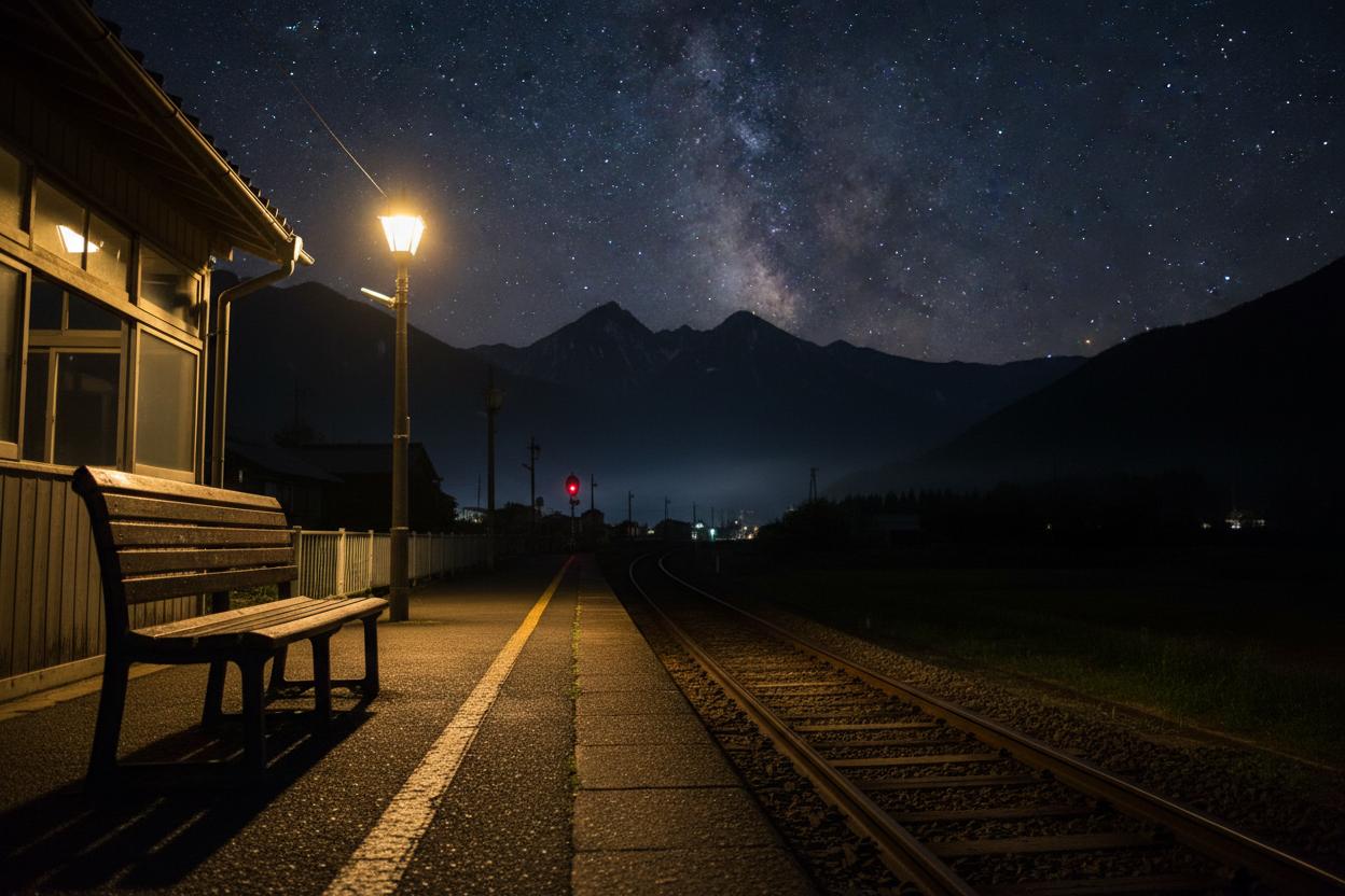 姨捨駅の夜のプラットフォームと星空